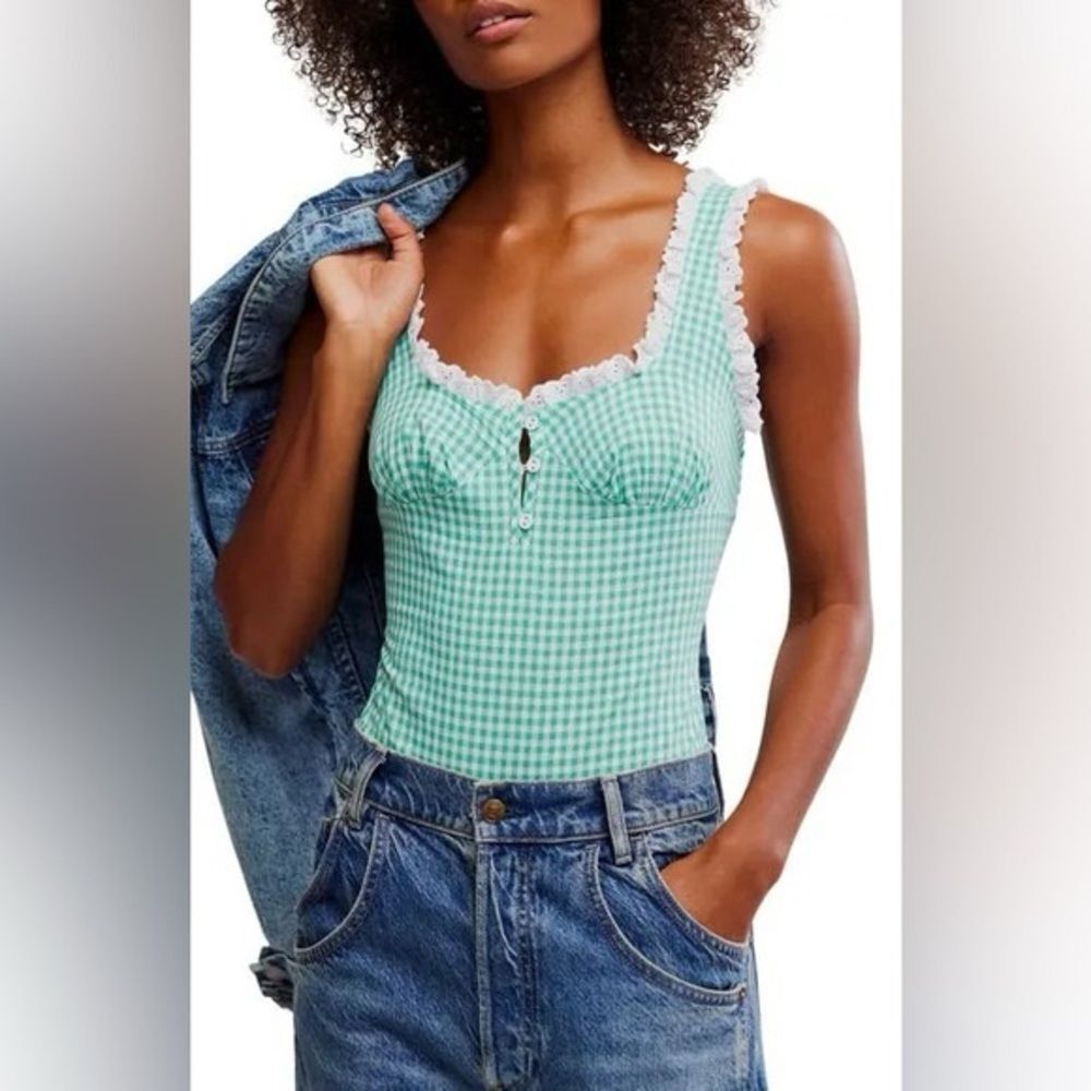 Free People Green Gingham Lace Bodysuit
